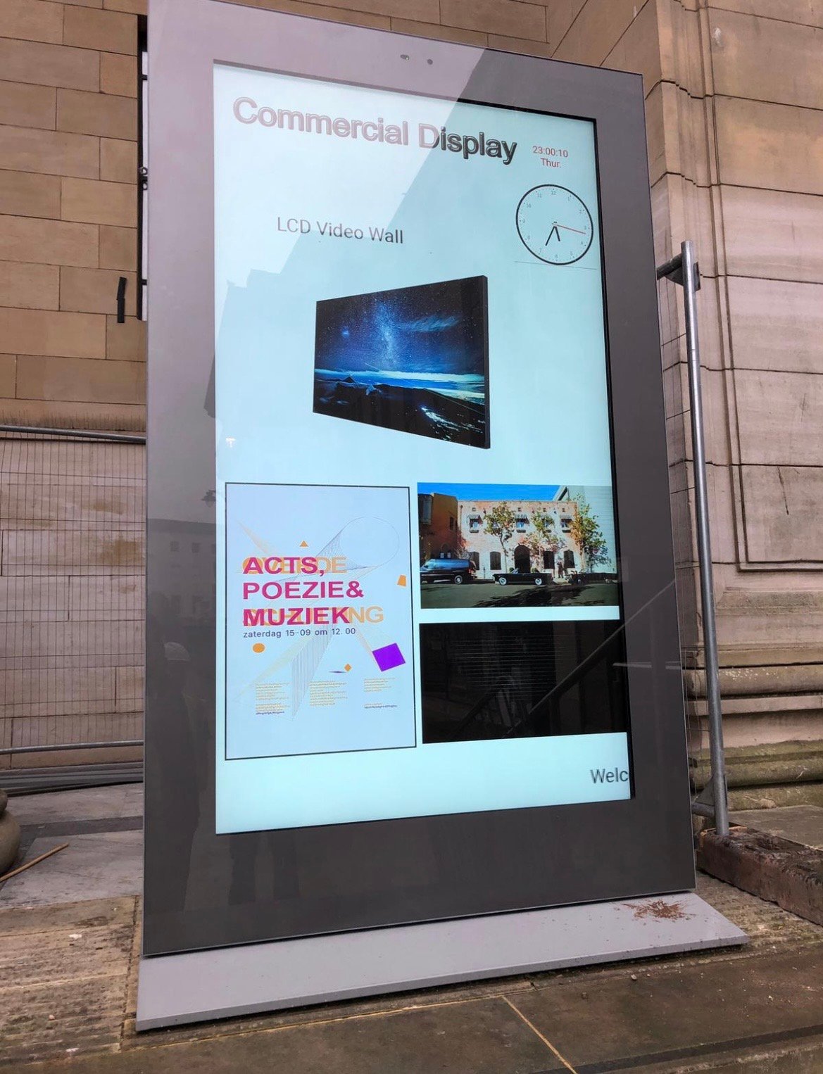 A completed outdoor LED kiosk in Dundee city centre, running live content