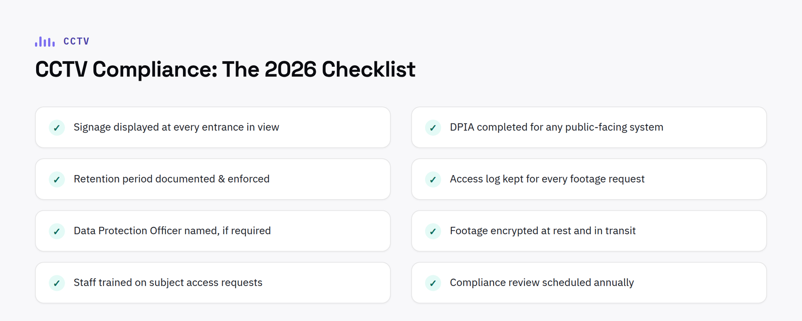 CCTV compliance checklist for UK businesses covering signage, DPIA, retention and access logs
