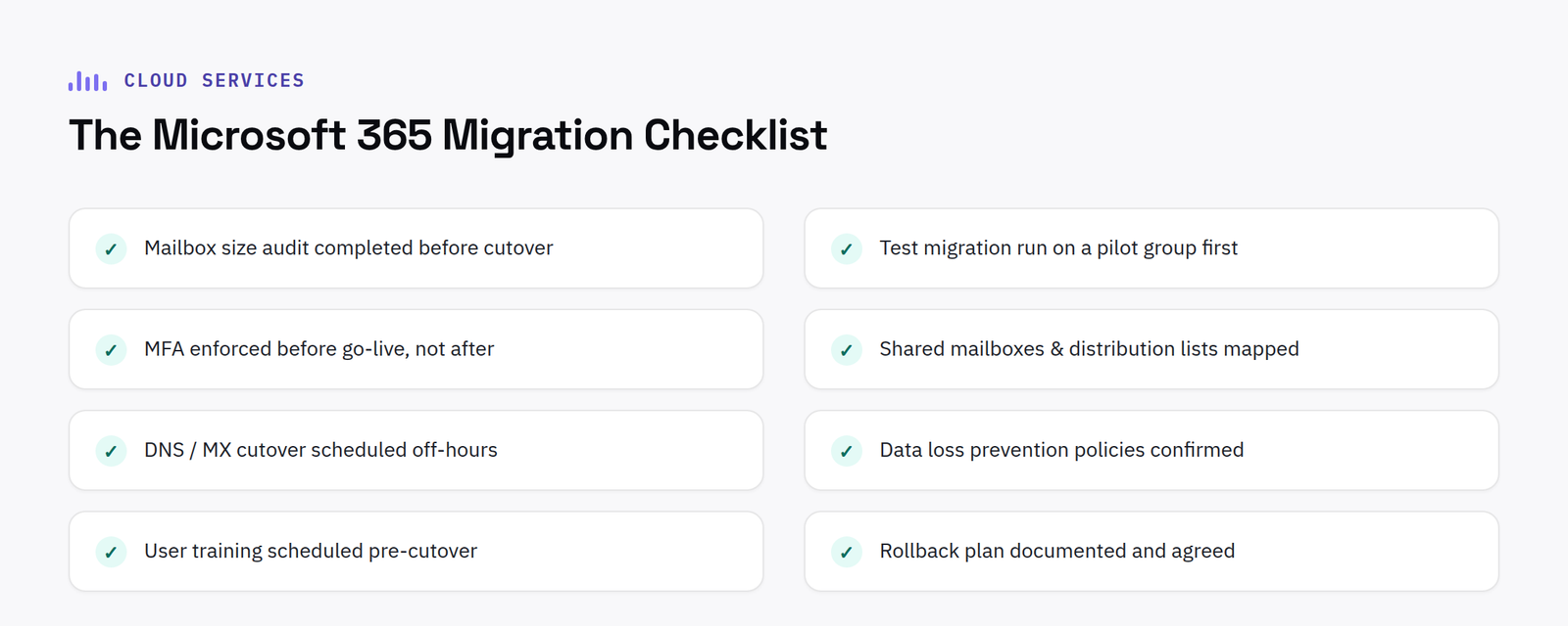 Microsoft 365 migration checklist covering mailbox audit, pilot testing, MFA and rollback planning