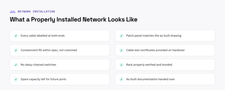 Checklist for a properly installed business network covering labelling, testing and documentation