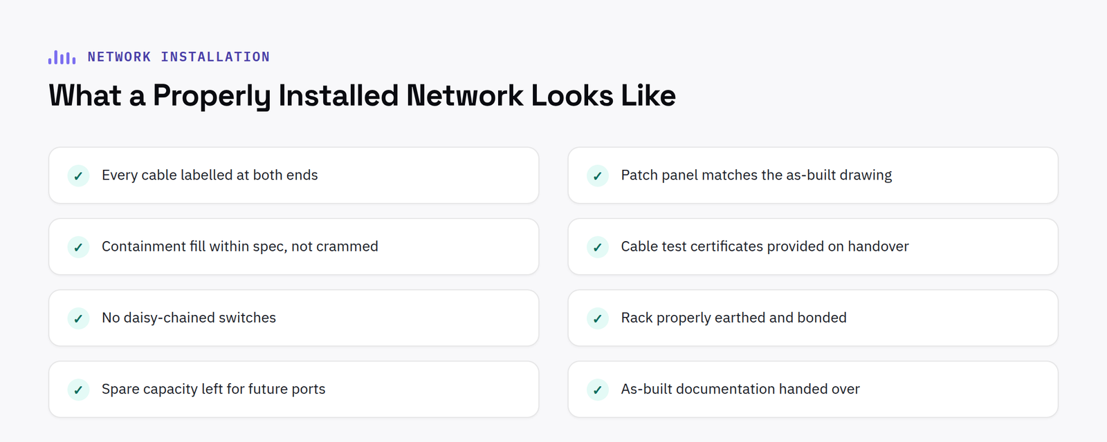 Business network installation checklist covering labelling, testing and documentation