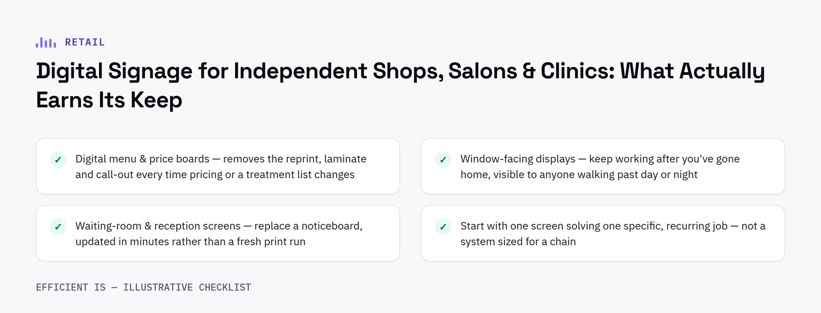 Checklist diagram: what actually earns its keep in digital signage for independent shops, salons and clinics - digital menu and price boards, window-facing displays, waiting-room and reception screens, starting with one screen solving one specific job