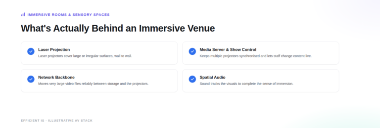 Illustrative diagram: what's actually behind an immersive venue, the AV stack covering projection, media server and show control, network and audio.