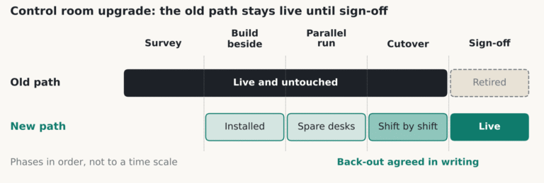 Illustrative diagram: phased control room upgrade timeline showing the old signal path staying live while the new path is built, tested in parallel, cut over shift by shift and signed off
